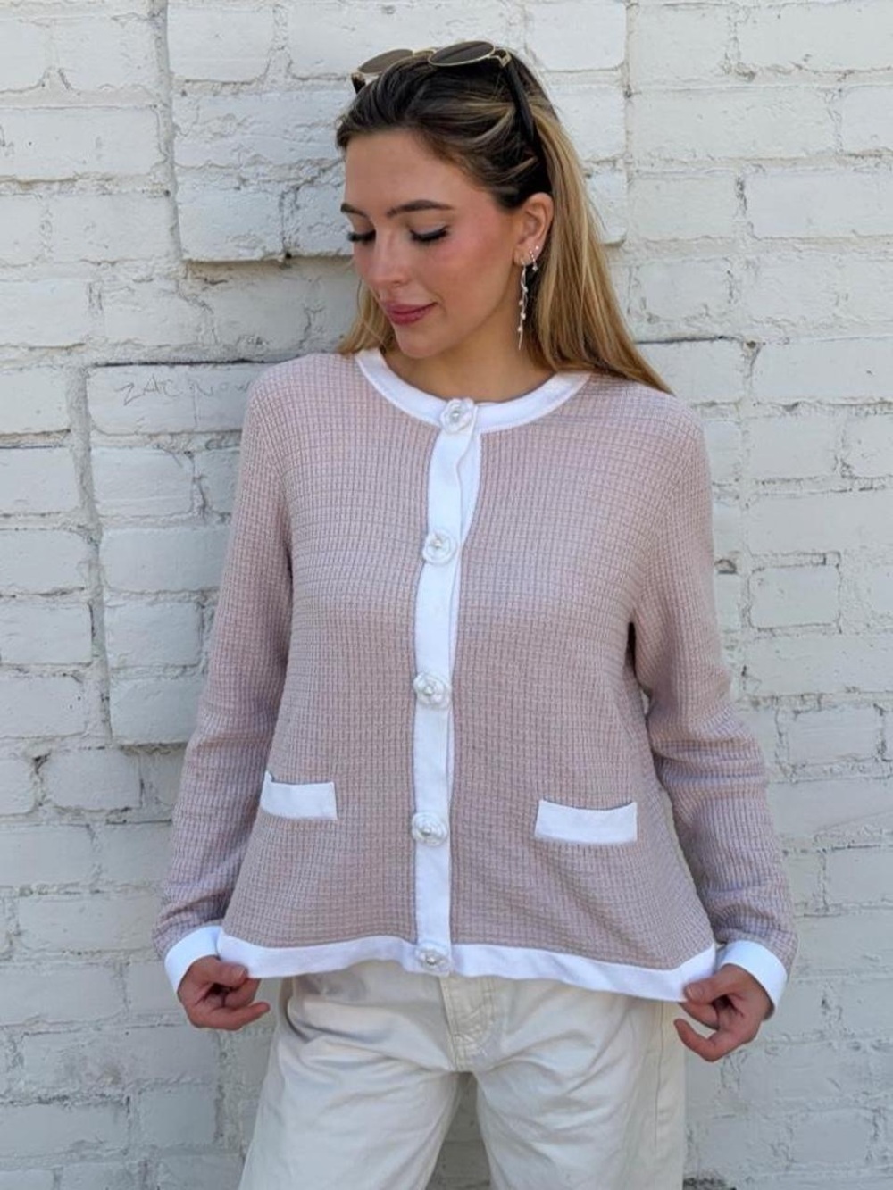 Adrianna Papell cream & white textured cardigan with white trim and flower butto